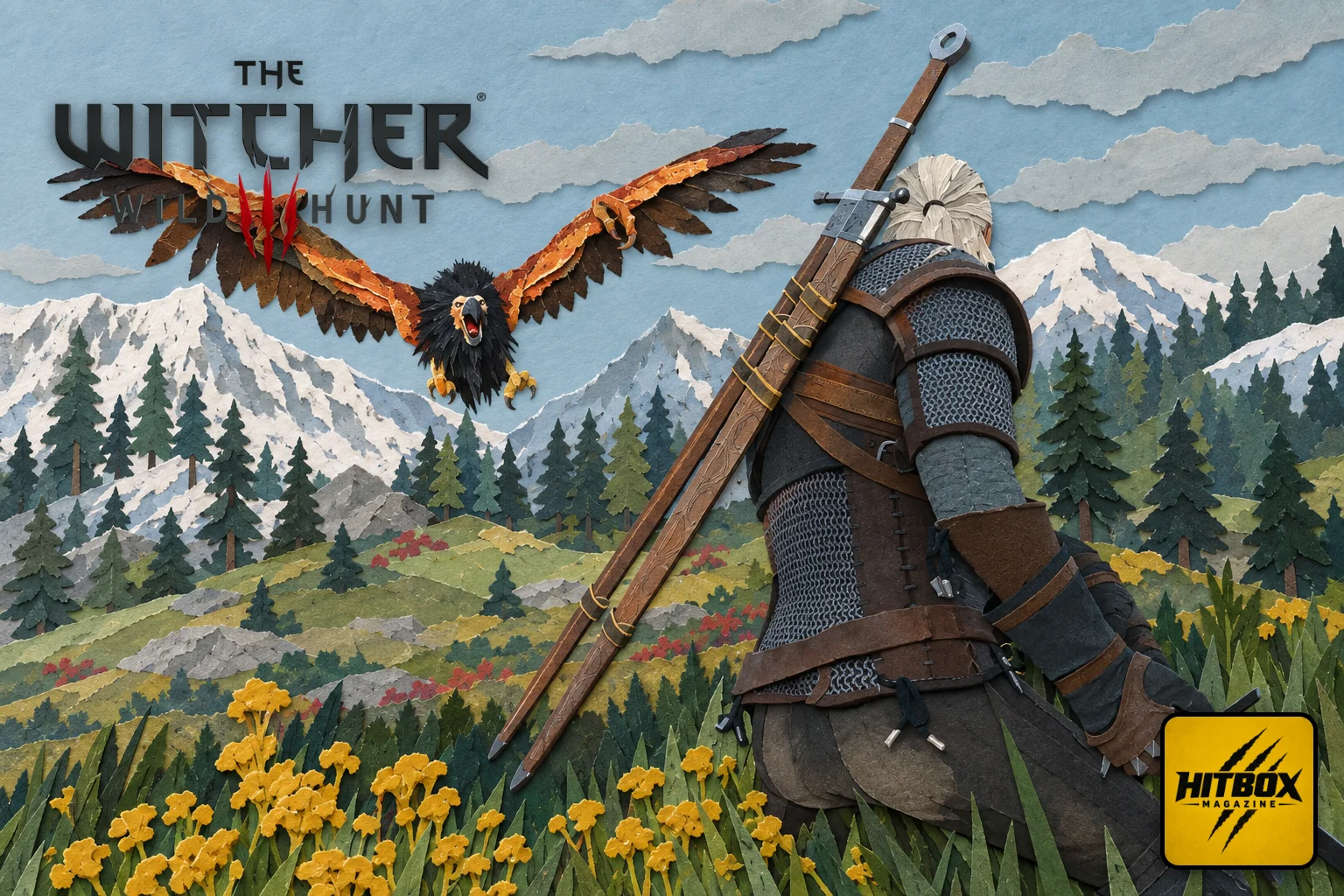 The Witcher 3 Remastered en papier découpé, Geralt face à un griffon en vol