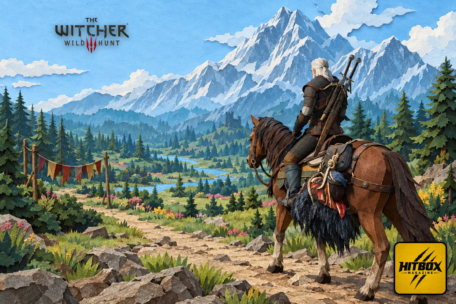 The Witcher 3 Remastered paper-cut artwork, Geralt on horseback before a snowy mountain