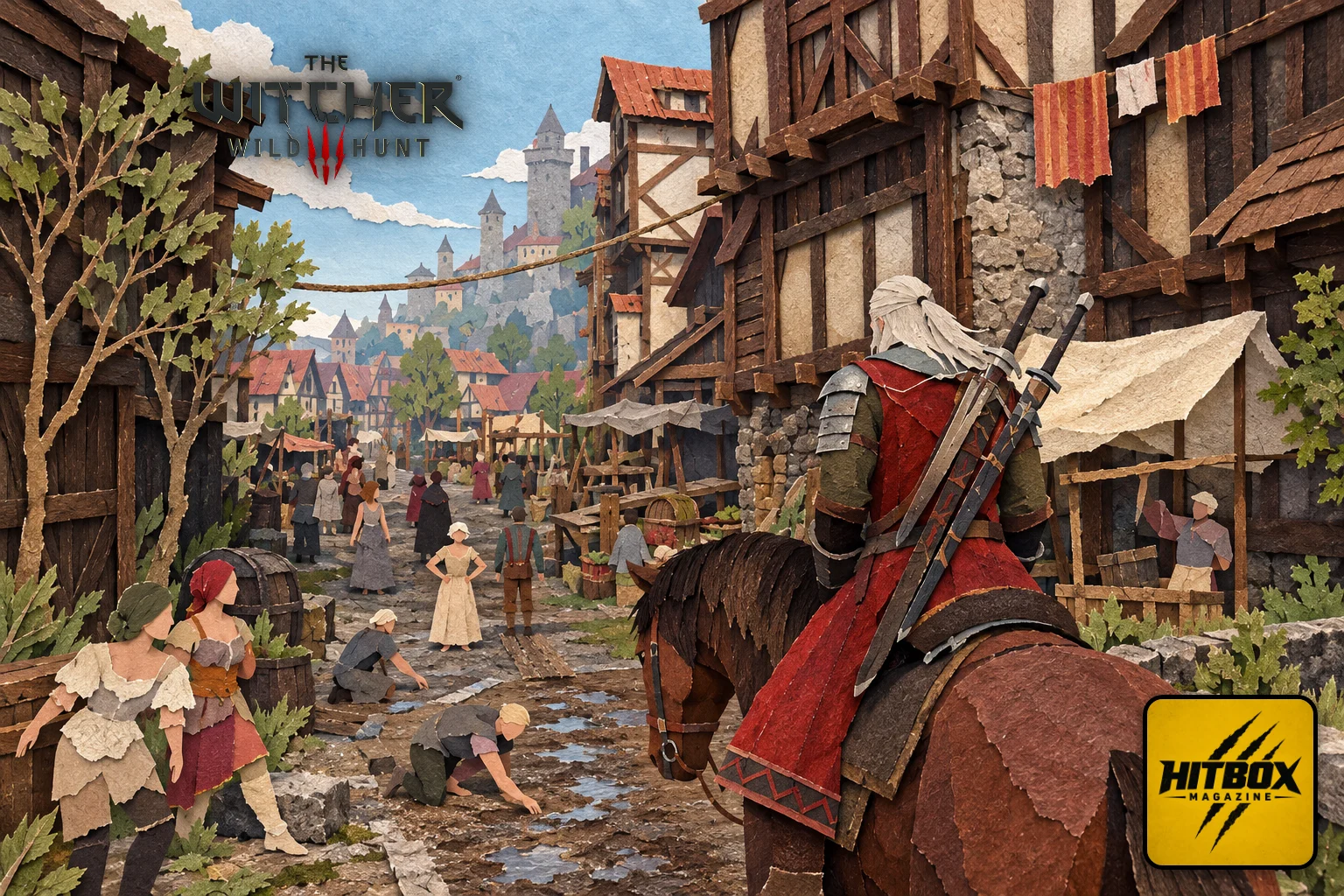 The Witcher 3 paper-cut scene, a rider in a medieval village street