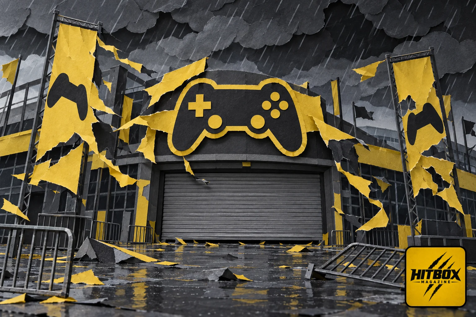 Tokyo Game Show 2026 paper-cut hall shuttered with torn banners in the rain