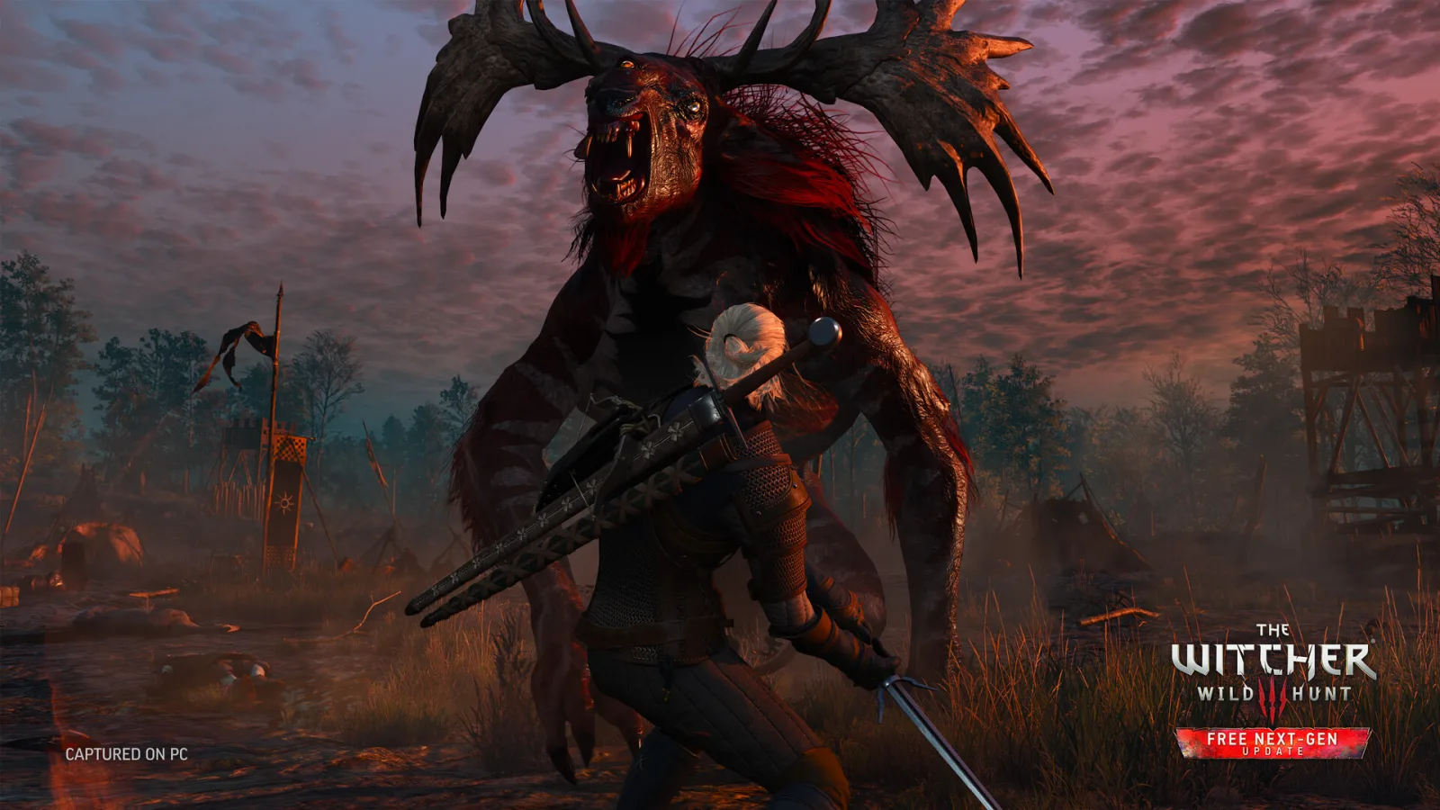 The Witcher 3 facing a leshen at dusk in a clearing