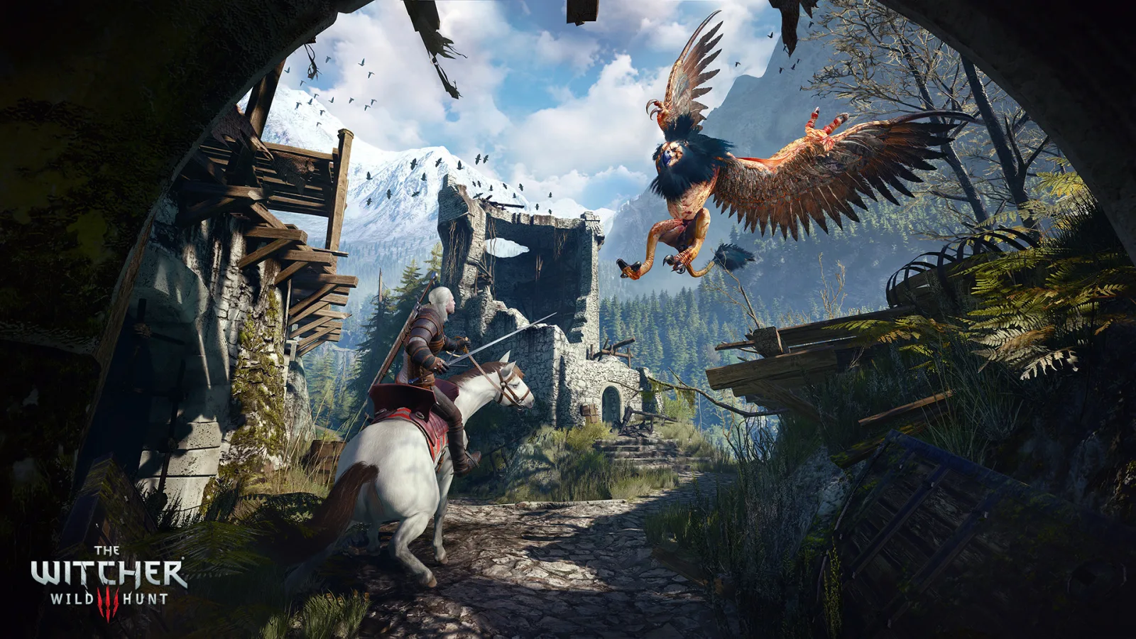 The Witcher 3 facing a griffin in front of mountain ruins
