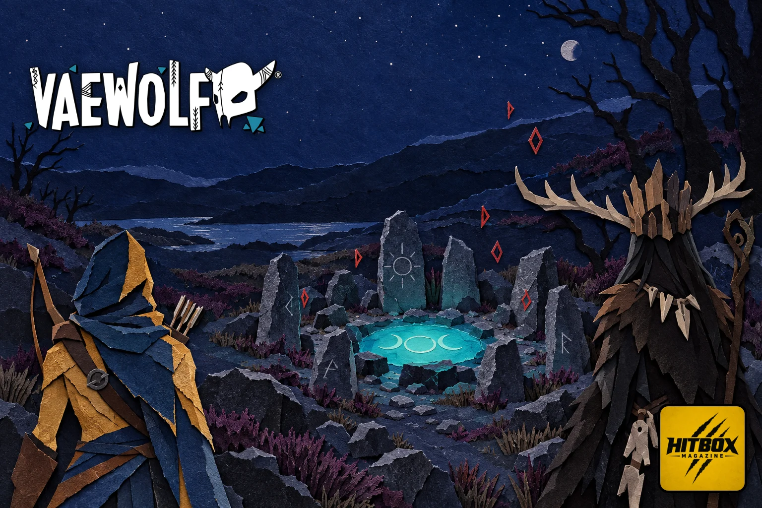 Vaewolf paper-cut elf shifting into a werewolf under a Viking moon