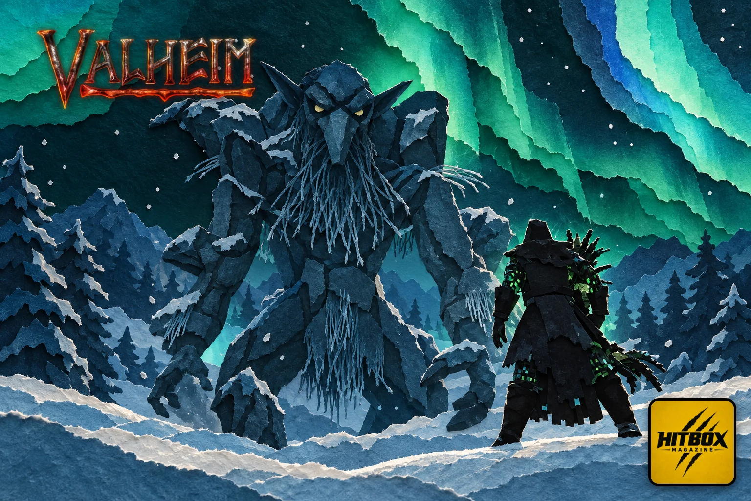 Valheim paper-cut scene, warrior facing a frost giant under green aurora light