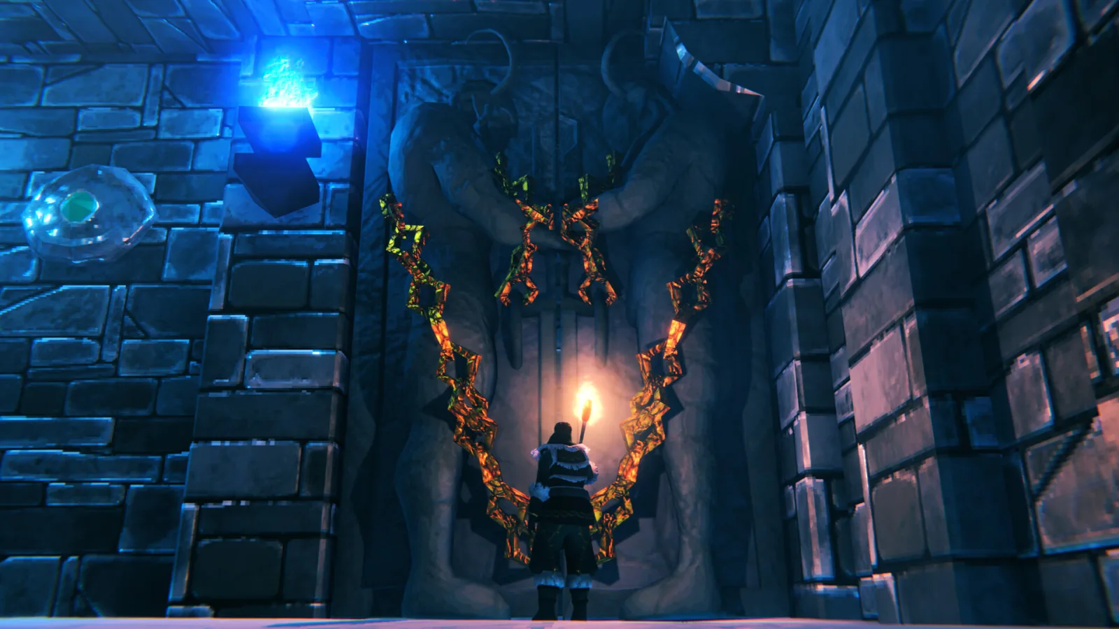 Valheim, a sealed door covered in golden runes lit by torchlight