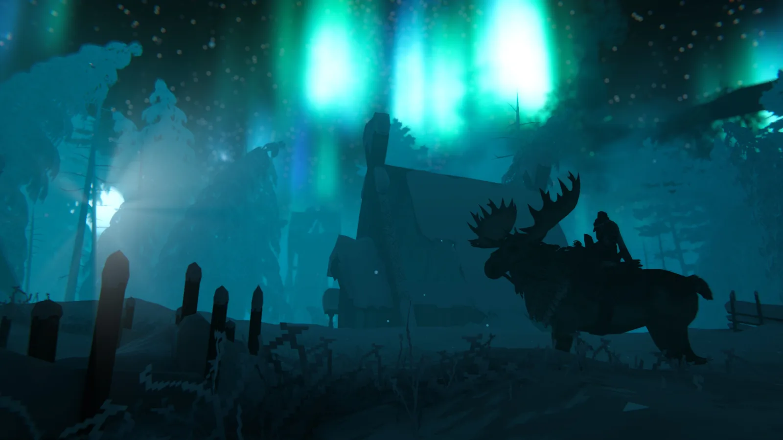 Valheim, aurora light above a field of standing stones and an antlered creature