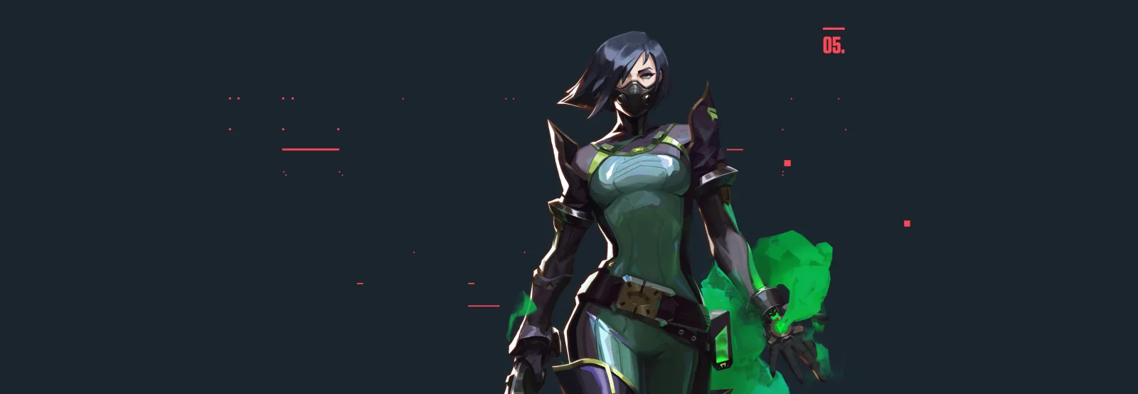 Valorant shows the agent Viper and her green toxic haze on a dark backdrop