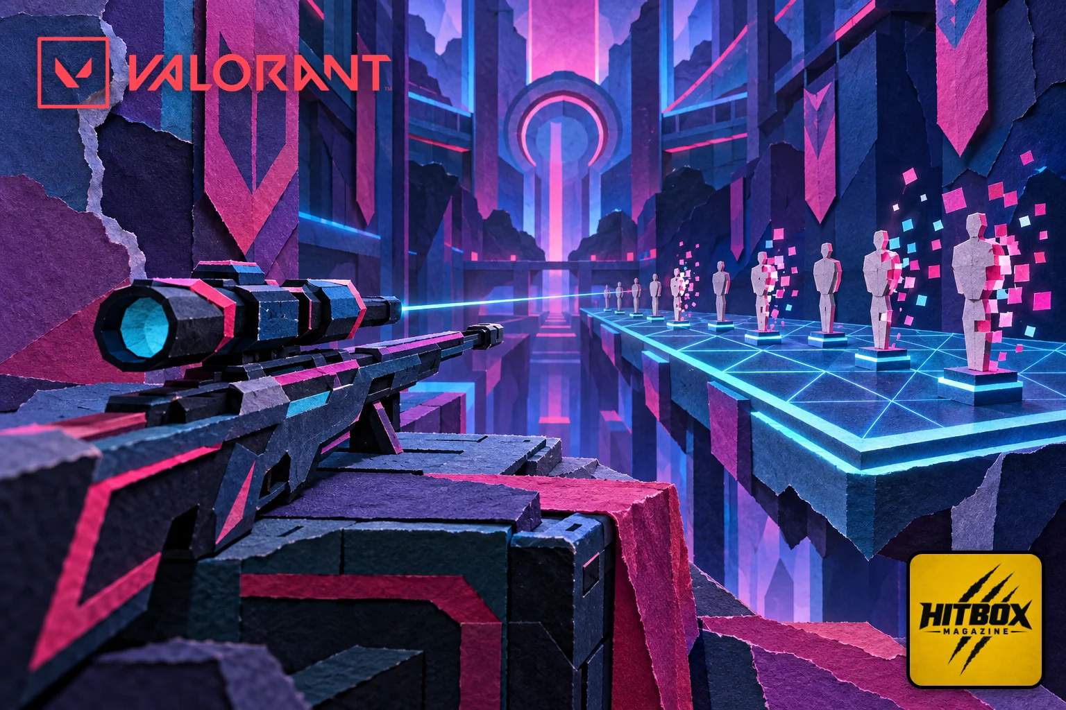 Valorant 13.06 paper-cut Warden rifle in a violet arena with sixteen training mannequins