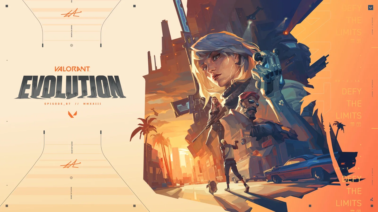 Valorant official key art with several agents and a city at sunset