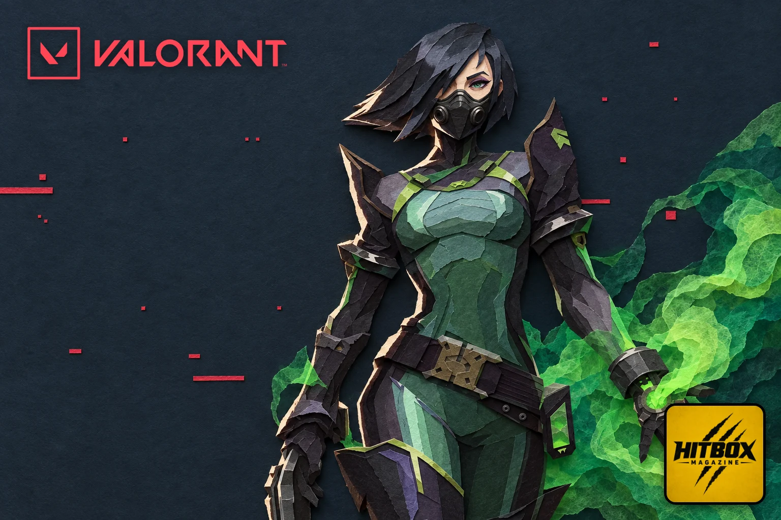 Valorant paper-cut artwork of masked Viper with her green toxic haze