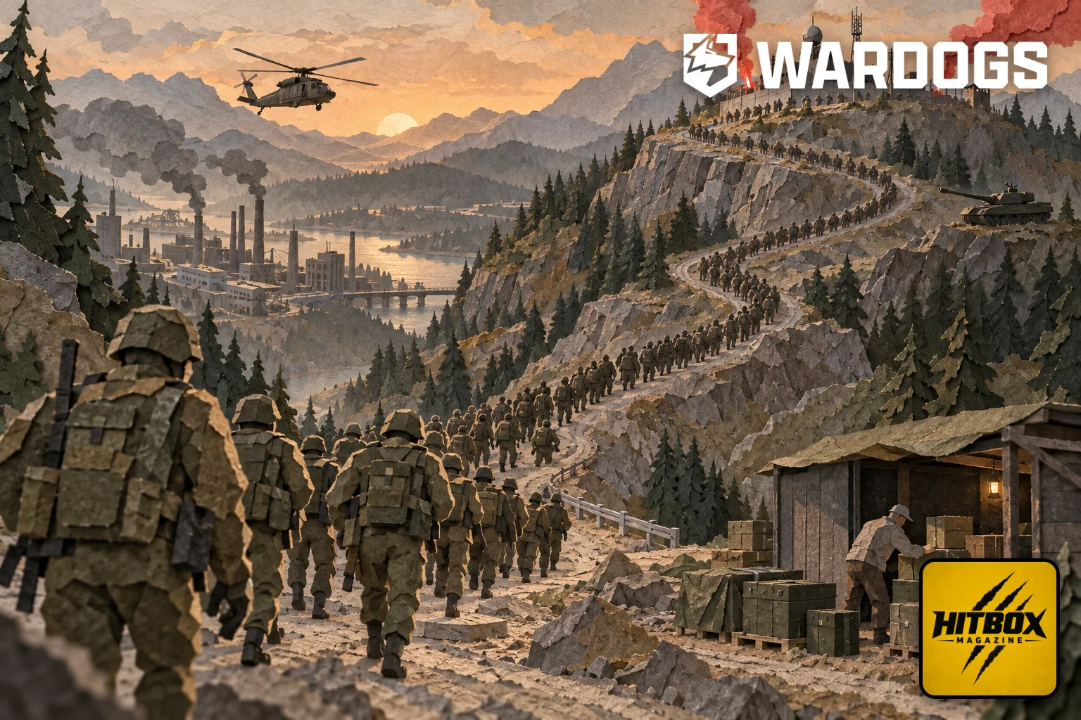 Wardogs foule de soldats en papier découpé montant vers une zone de contrôle en montagne