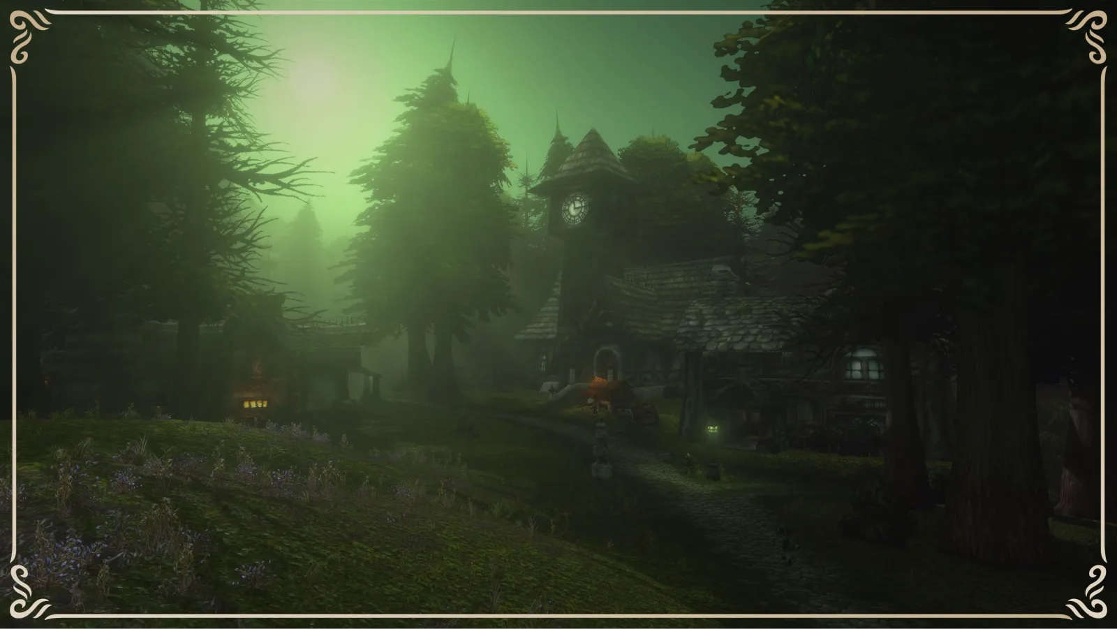 WoW Forever: a forest village in green mist, with its clock tower