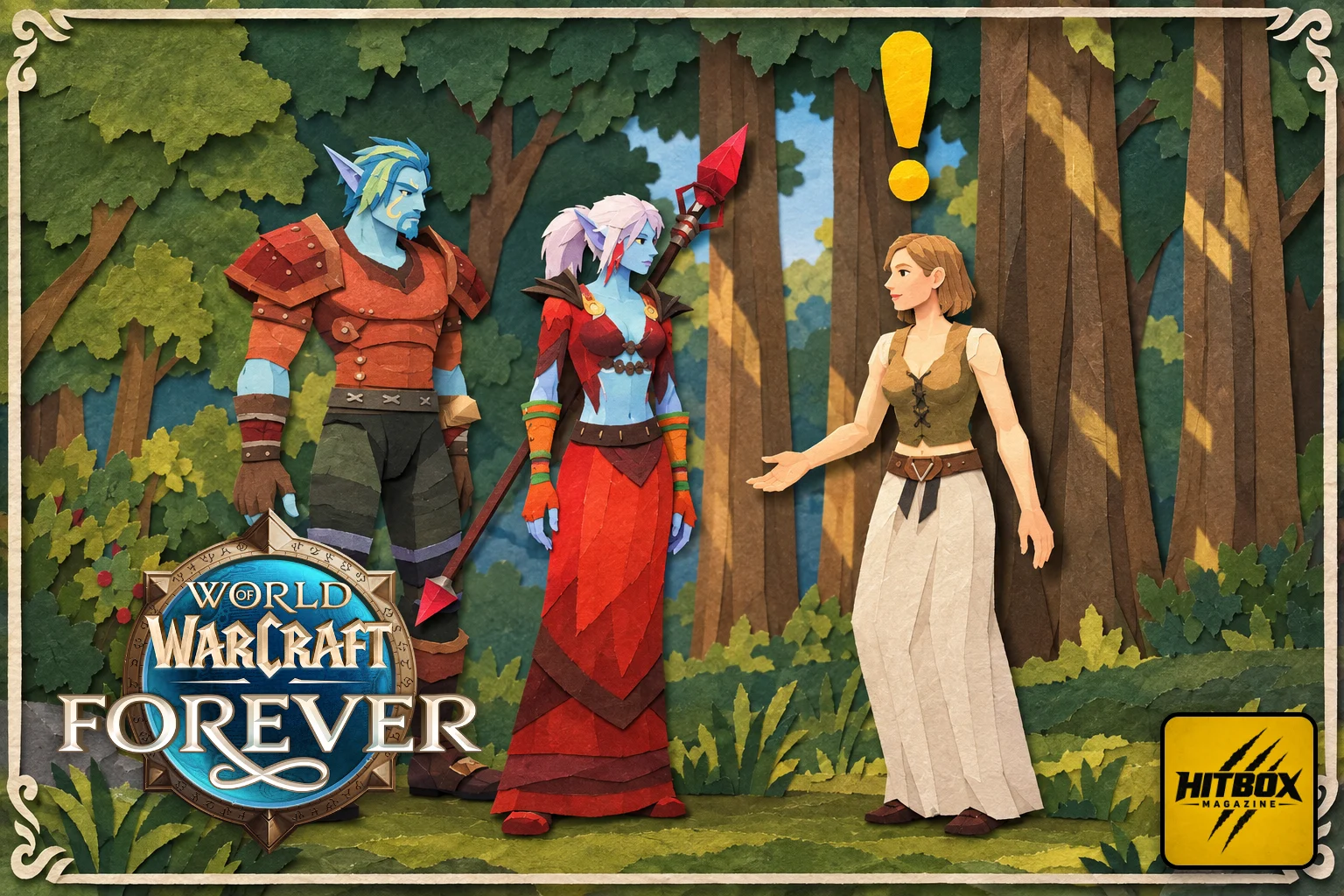 WoW Forever paper-cut art, three adventurers talking in a forest