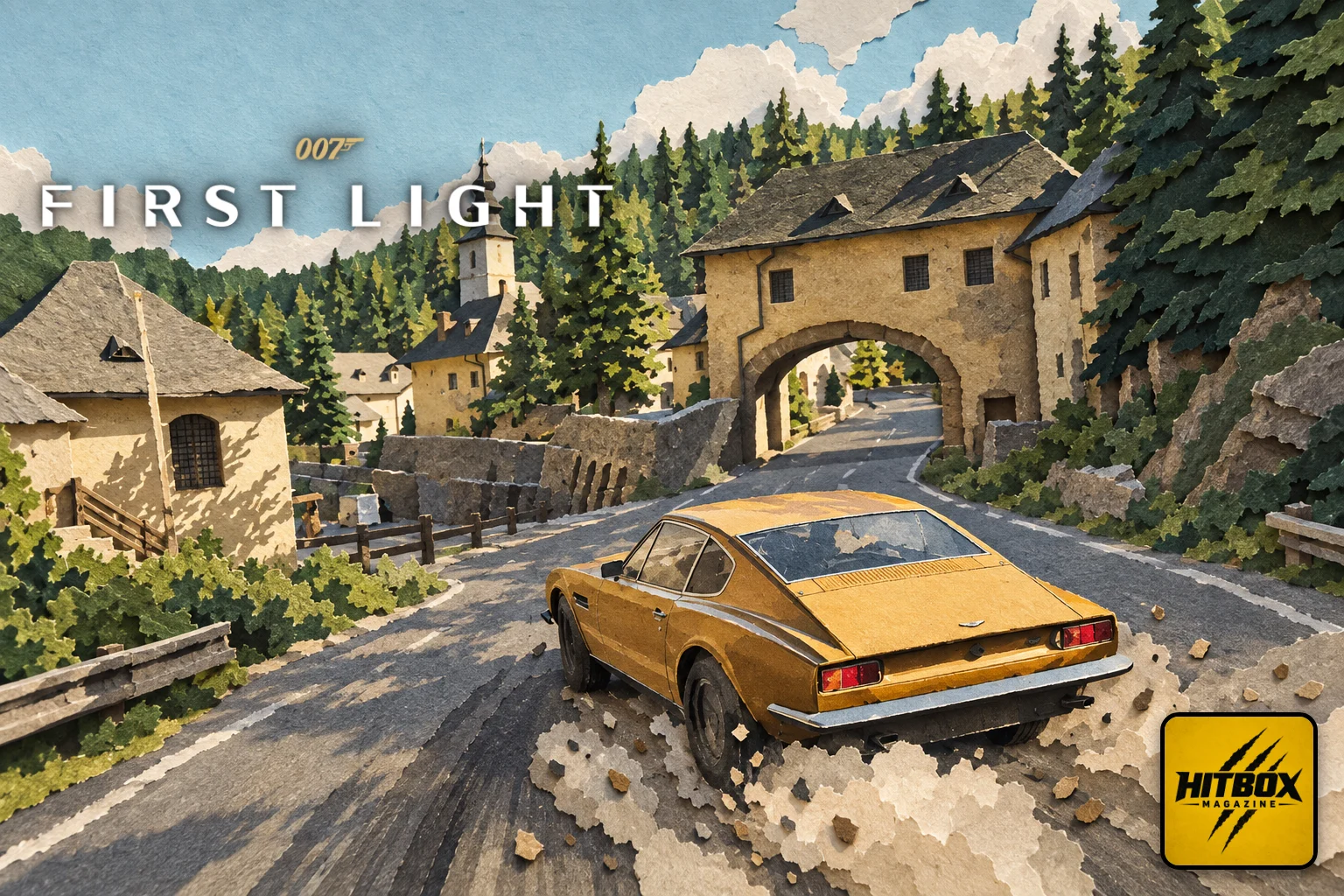 007 First Light paper-cut art, a sports car tearing along a mountain road