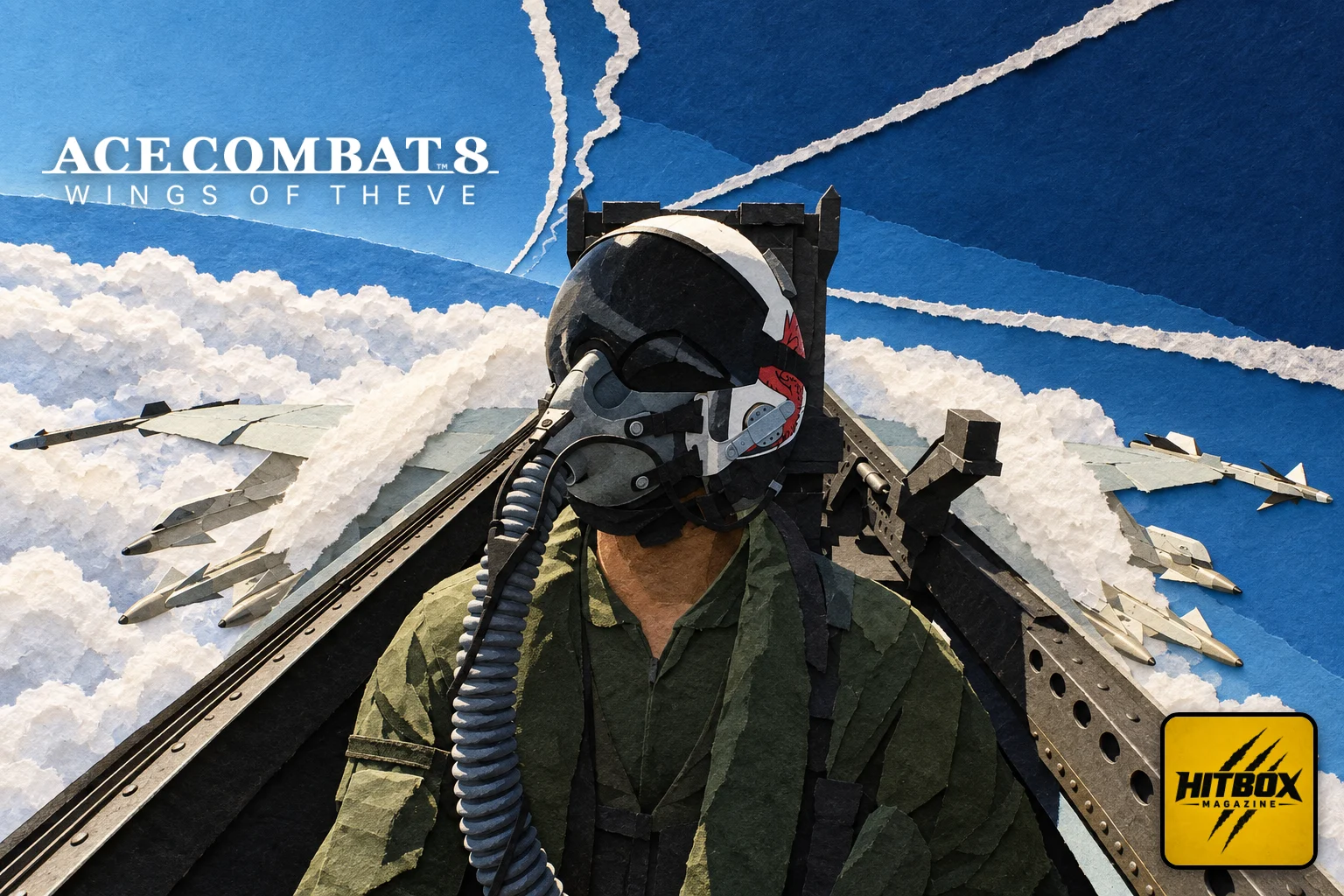Masque à oxygène au visage, un pilote file au-dessus des nuages, Ace Combat 8