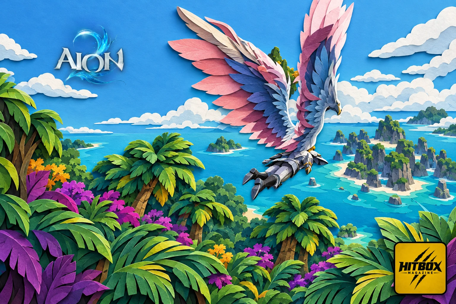 Ailes roses déployées, un héros survole une jungle et des îlots dans Aion 2