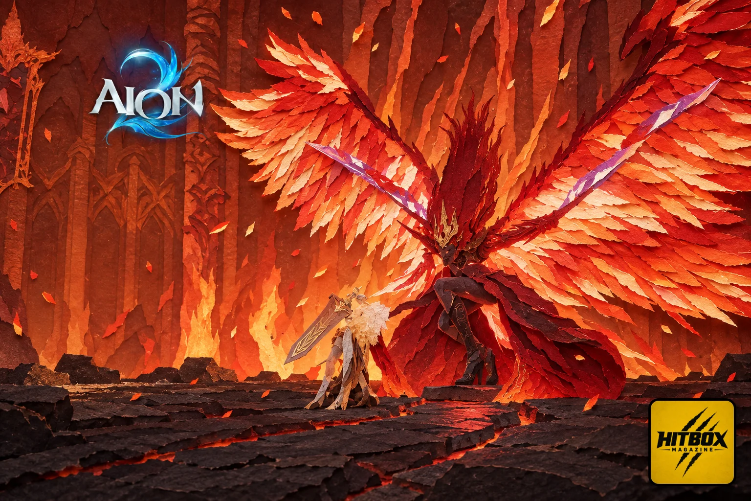 Aion 2 en papier découpé, un Daeva aux immenses ailes de feu