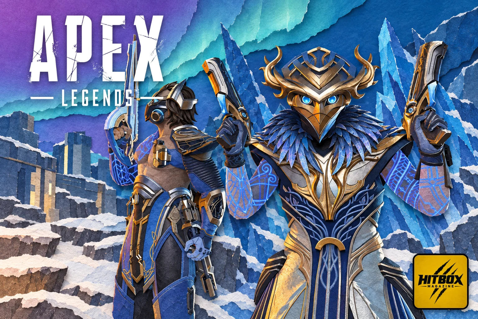 Apex Legends en papier découpé, deux légendes en armure dorée sous une aurore