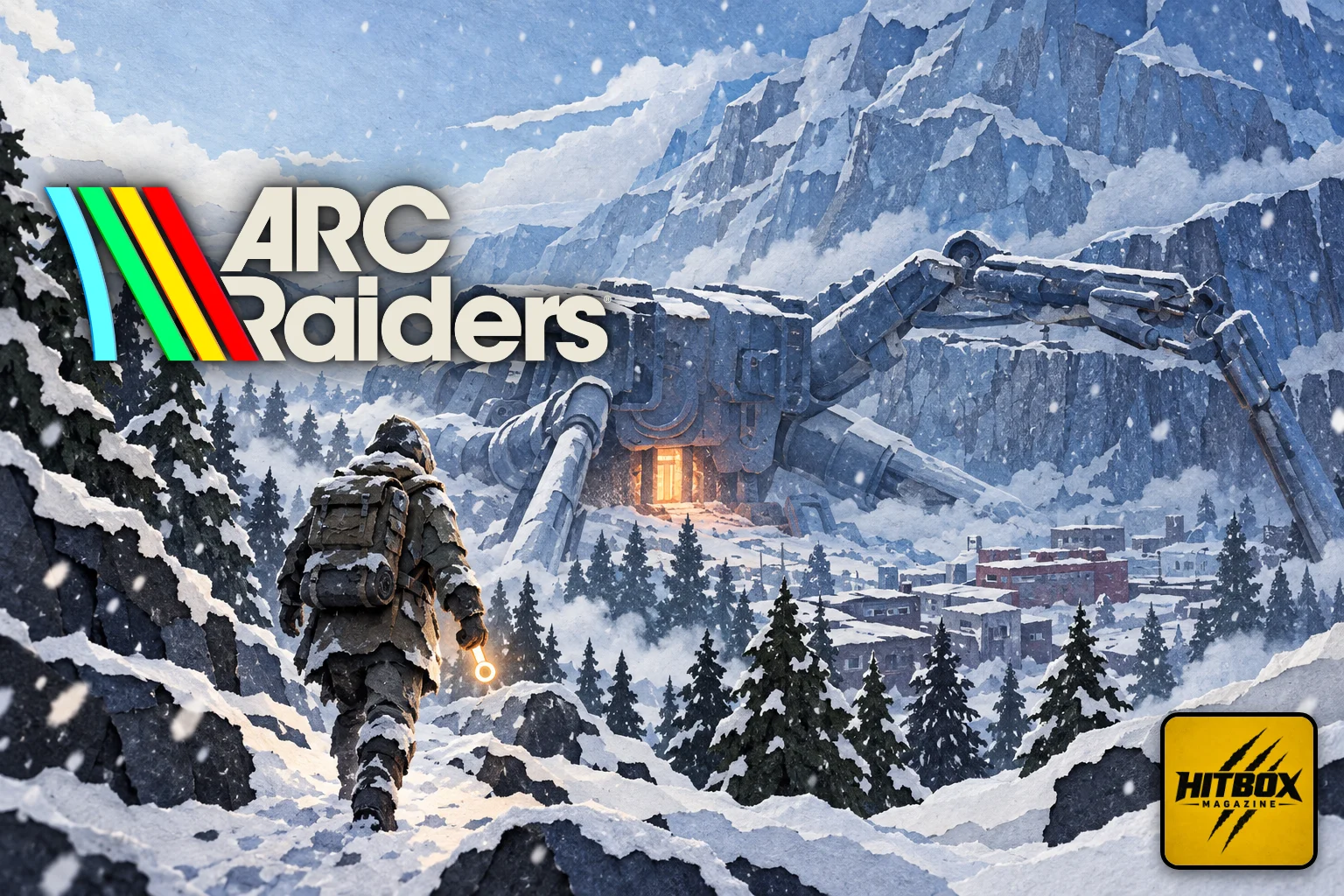 Dans la neige d'ARC Raiders, une silhouette encapuchonnée marche vers l'Empereur effondré