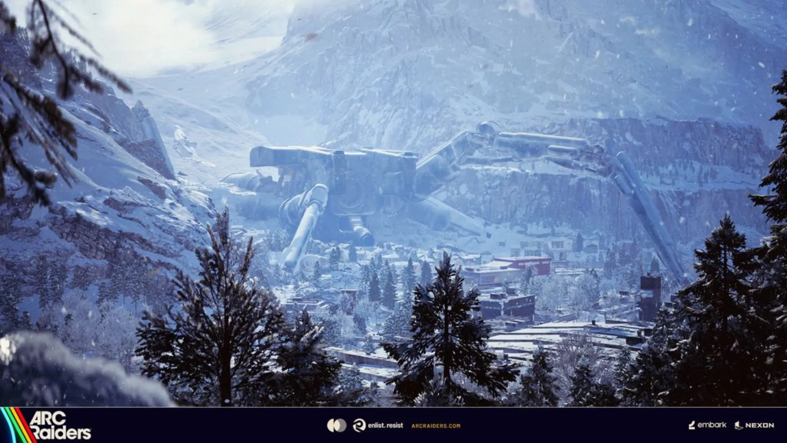 L'Empereur effondré domine le village enneigé du Col de Pendola dans ARC Raiders