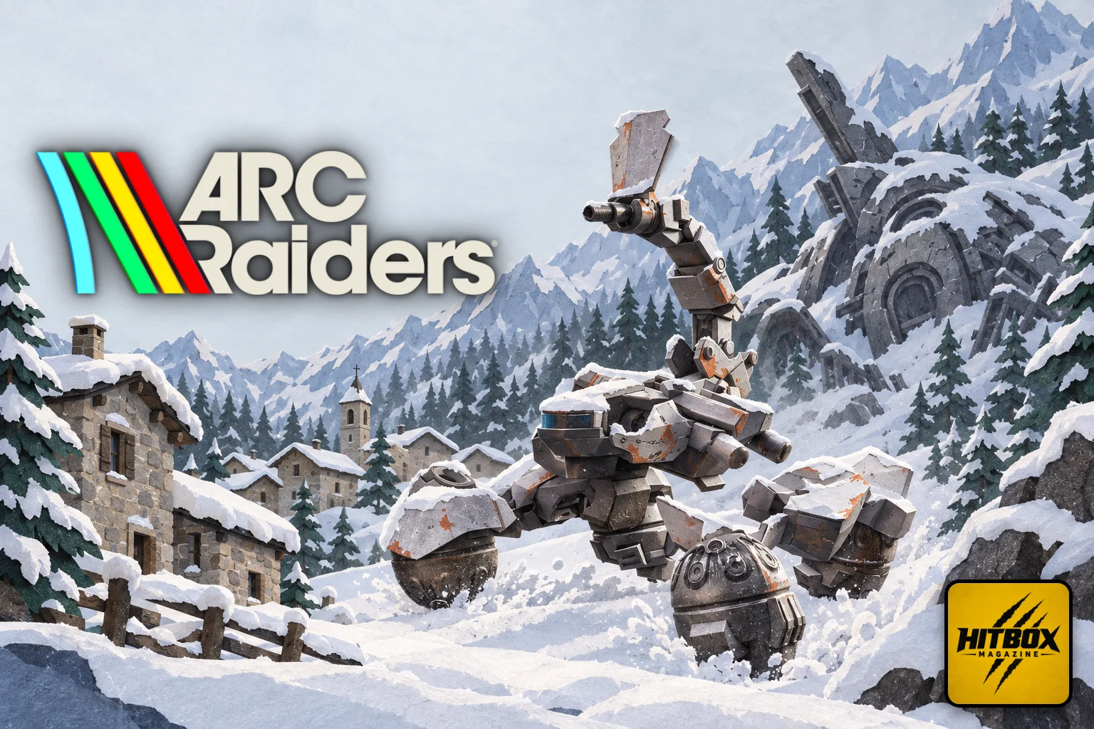 Le Rôdeur d'ARC Raiders, queue dressée, traverse un village alpin sous la neige