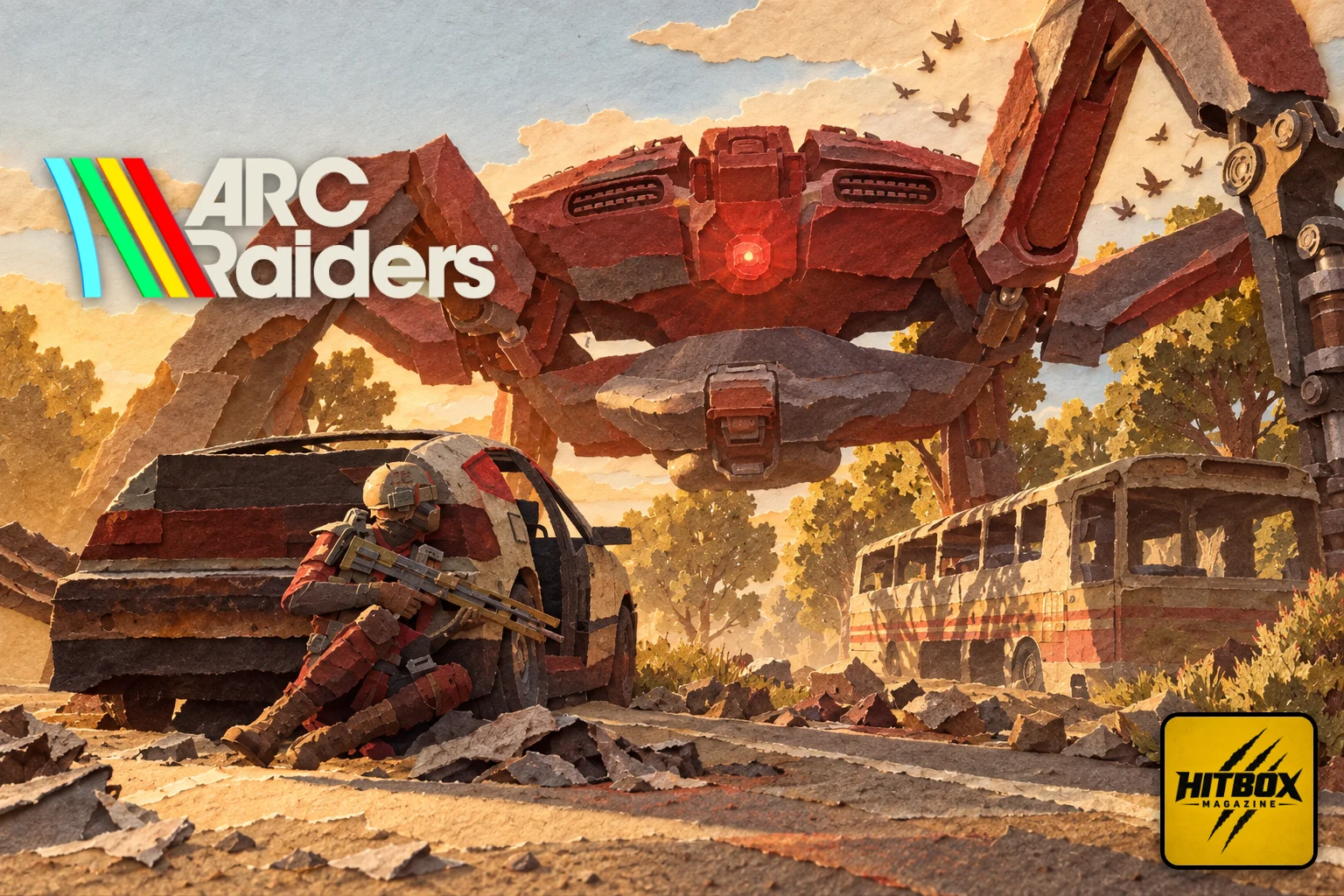ARC Raiders en papier découpé, une énorme machine ARC rouge au-dessus d'une route en ruine