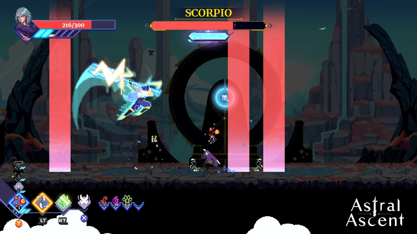 Une héroïne frappe d'un éclair face au boss Scorpio dans Astral Ascent