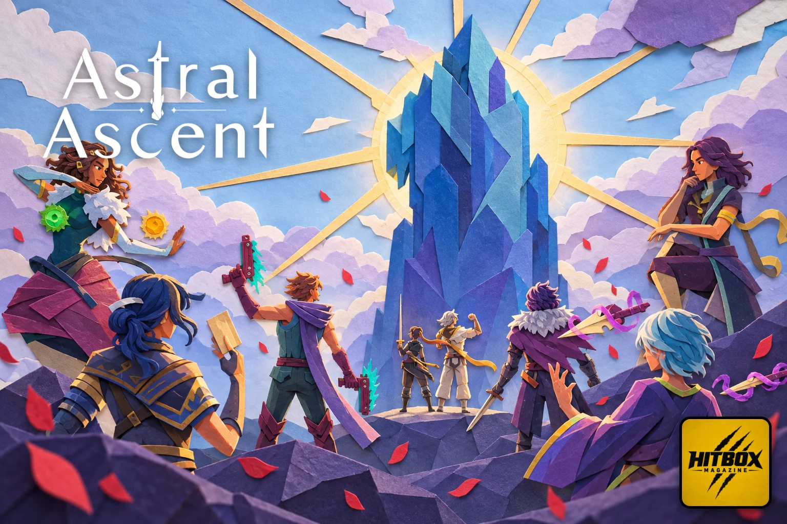 Eight heroes gather at the foot of a blue crystal tower in Astral Ascent