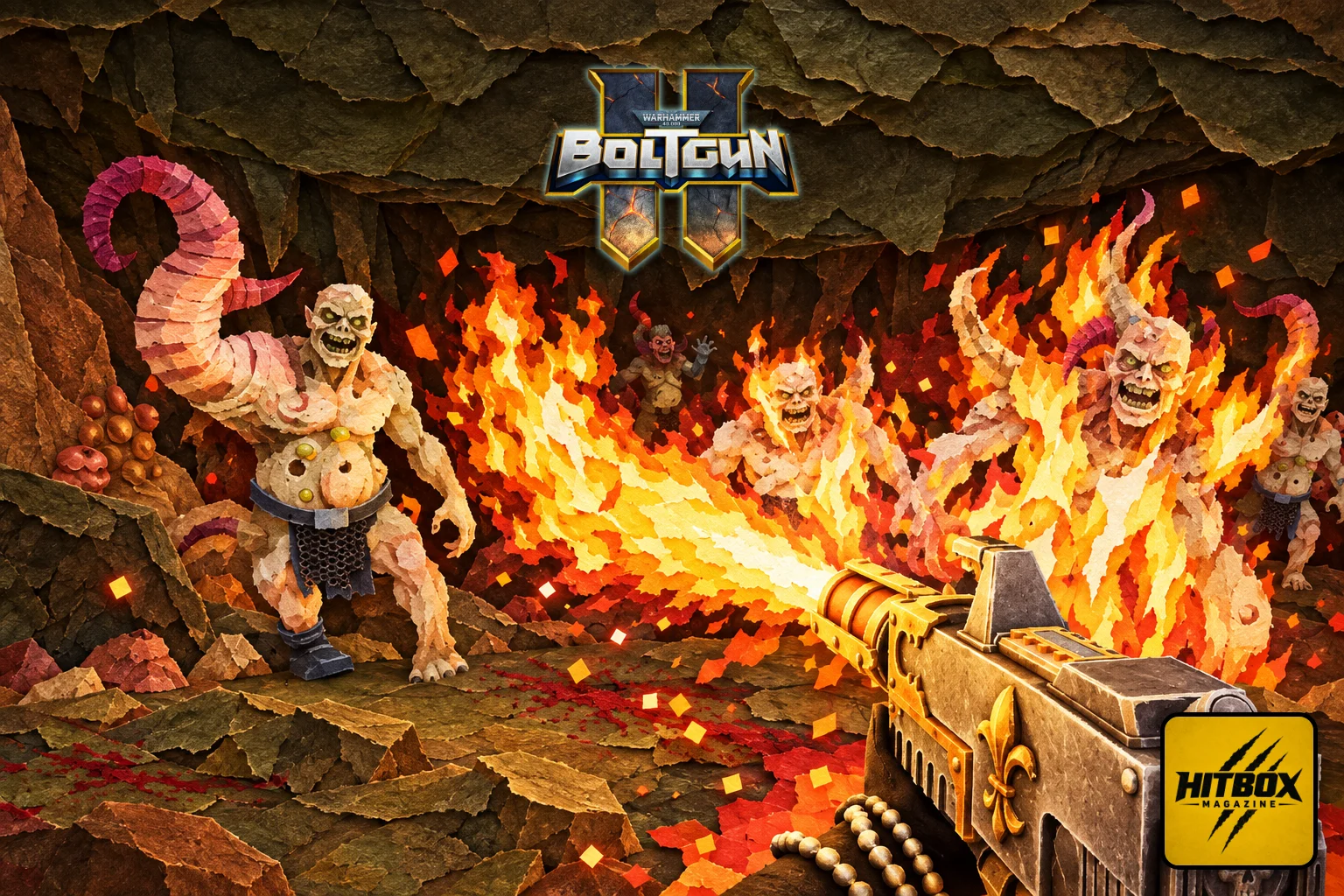 Horned cultists catch fire under a flamer's blast inside a Boltgun 2 cave