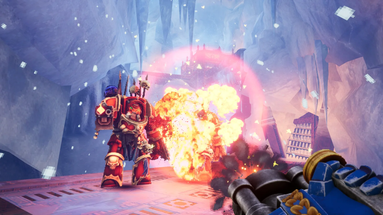 A Chaos Space Marine in red armour explodes inside a frozen cave in Boltgun 2