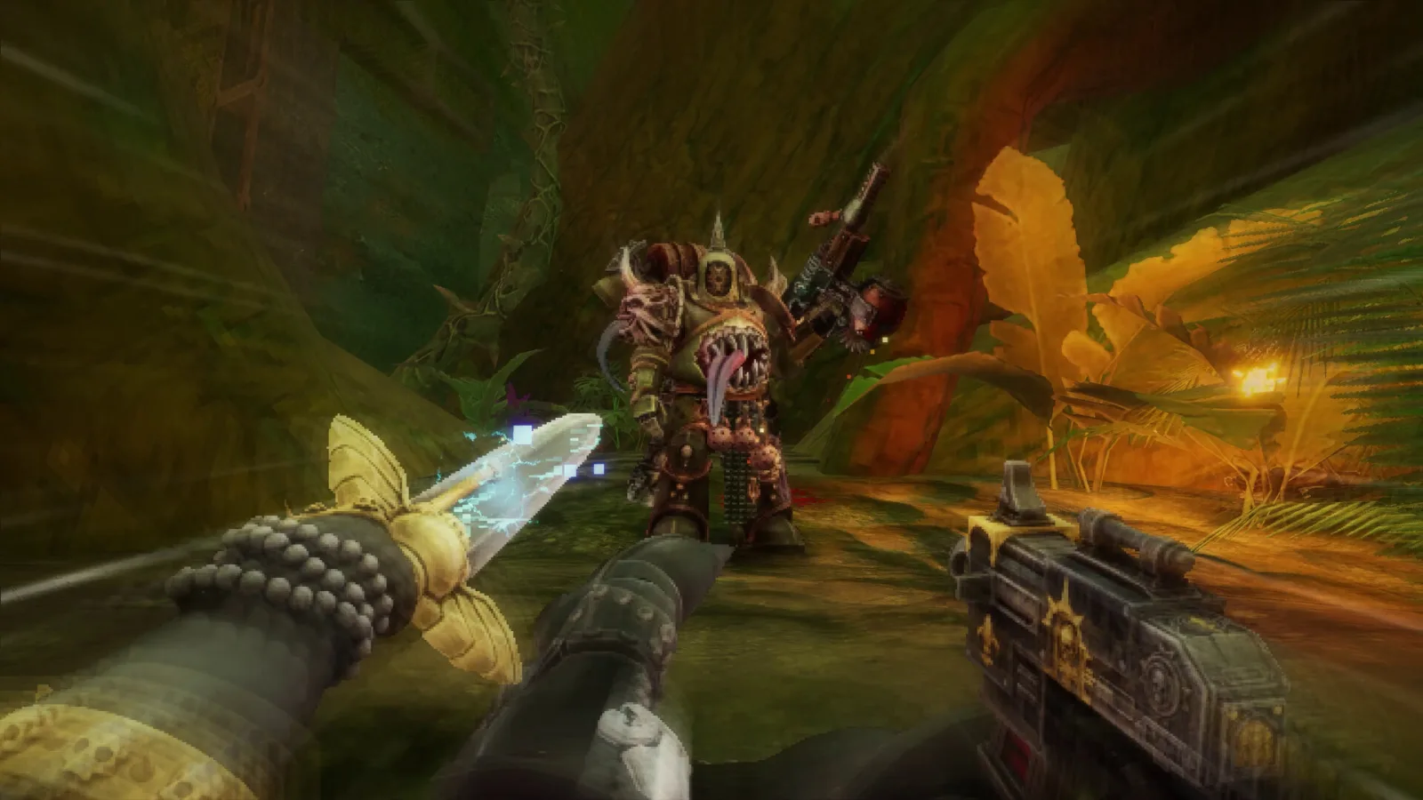 A golden blade and a pistol face a fanged Chaos Space Marine in the Boltgun 2 jungle