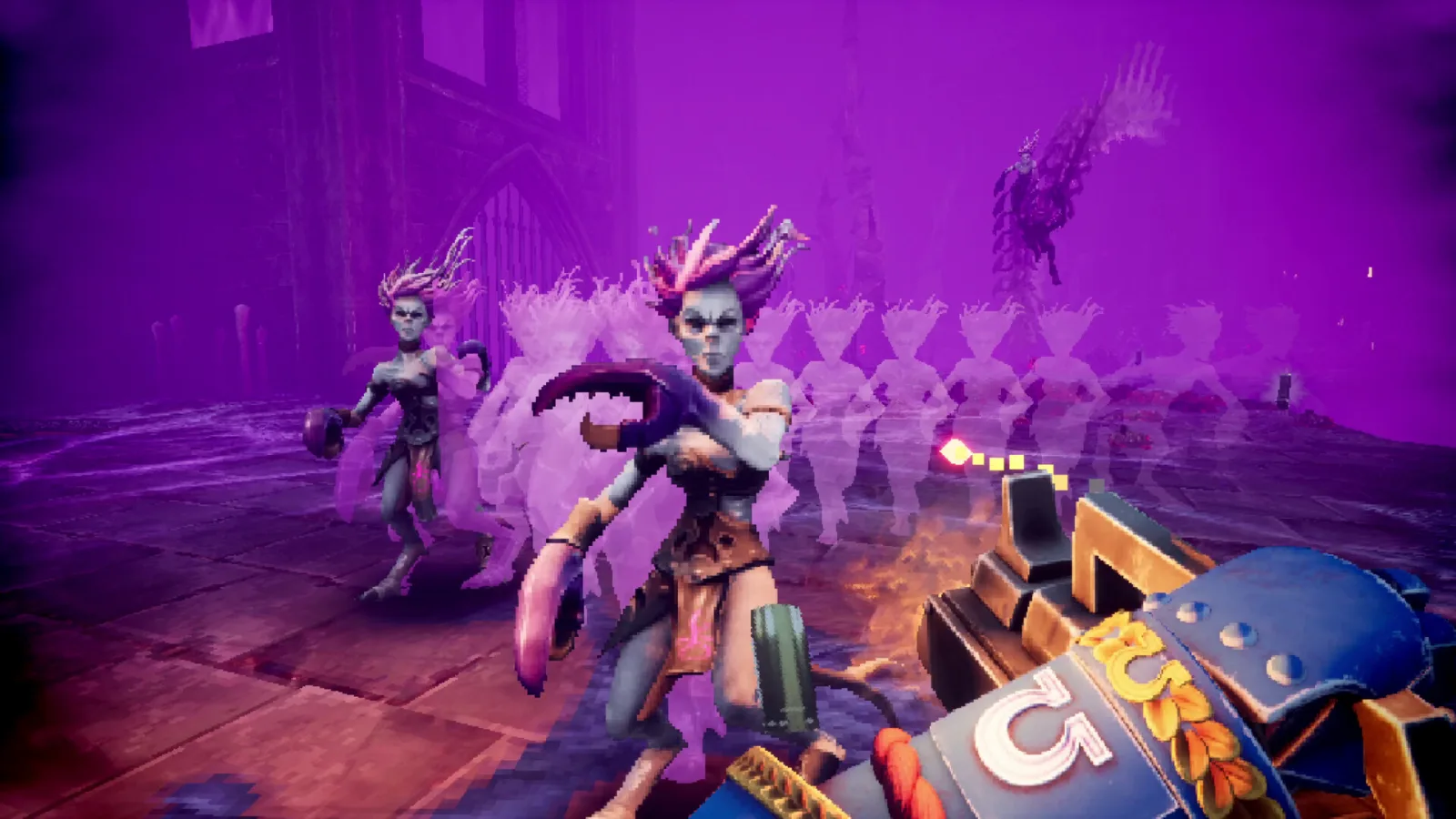 Pink-clawed daemonettes leave ghostly afterimages in a violet haze in Boltgun 2