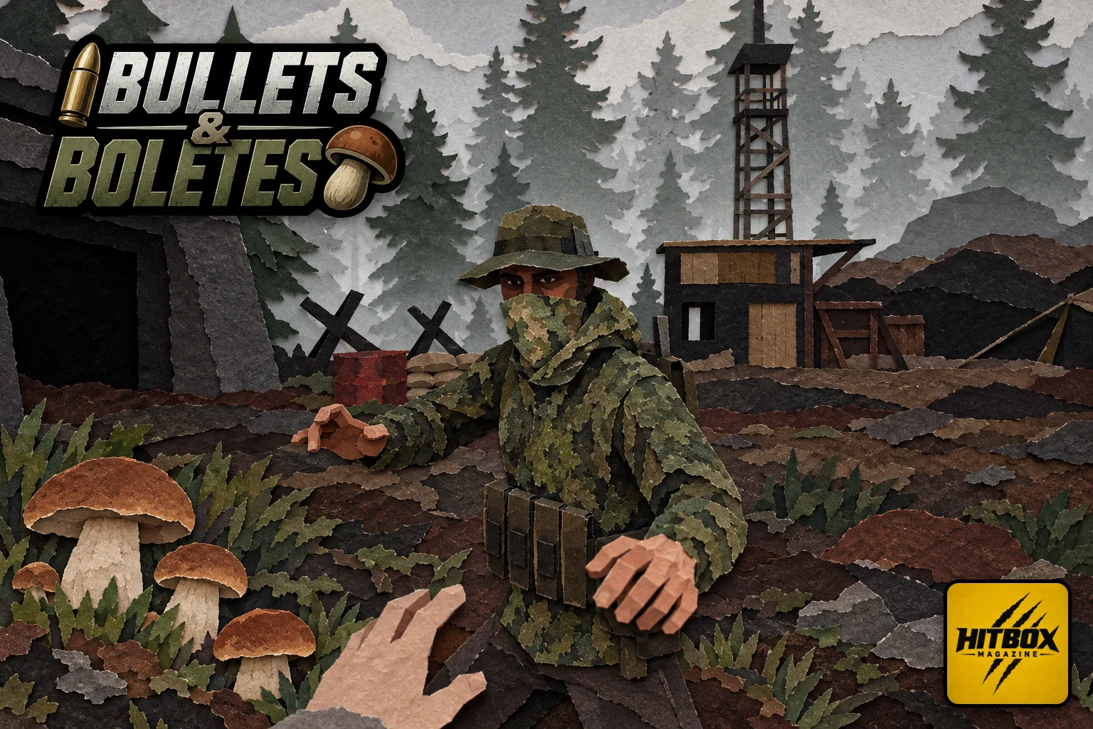 A masked soldier reaches out beside plump boletes in the Bullets & Boletes forest