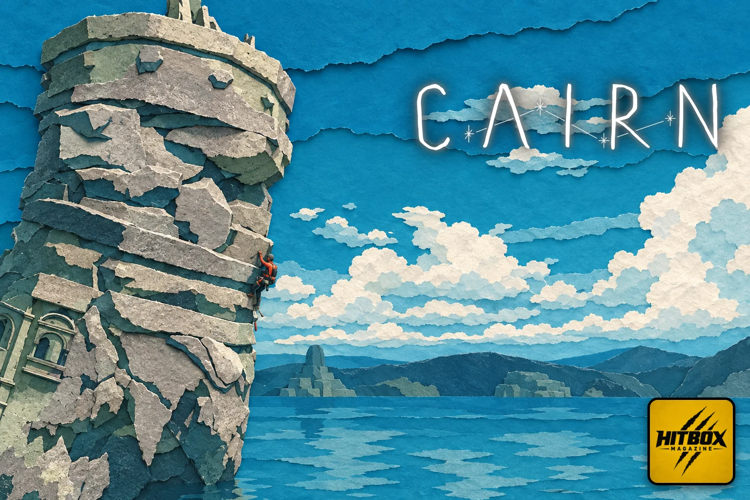 Un grimpeur s'accroche à un haut pilier rocheux de Cairn dressé dans la mer