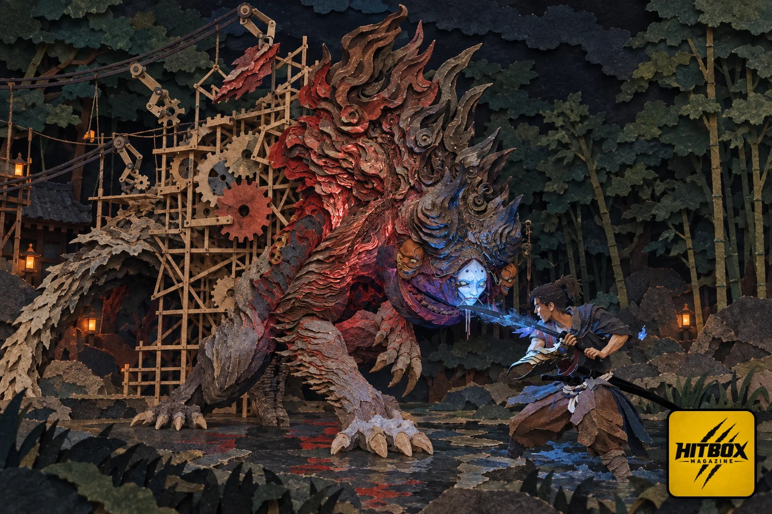 The RE Engine from Capcom in paper-cut style, an Onimusha demon assembled by robotic arms