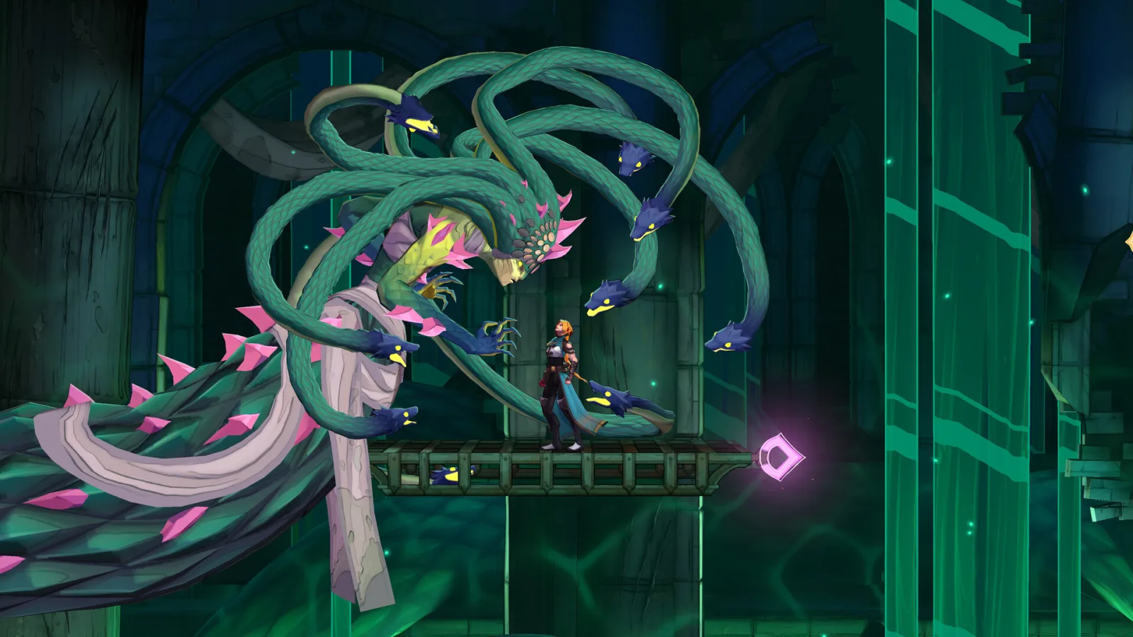 Rose Belmont fait face à un boss aux têtes de serpent dans Castlevania: Belmont's Curse