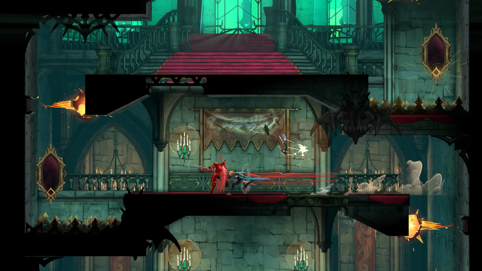 Un chevalier rouge encaisse un coup dans un grand hall de Castlevania: Belmont's Curse