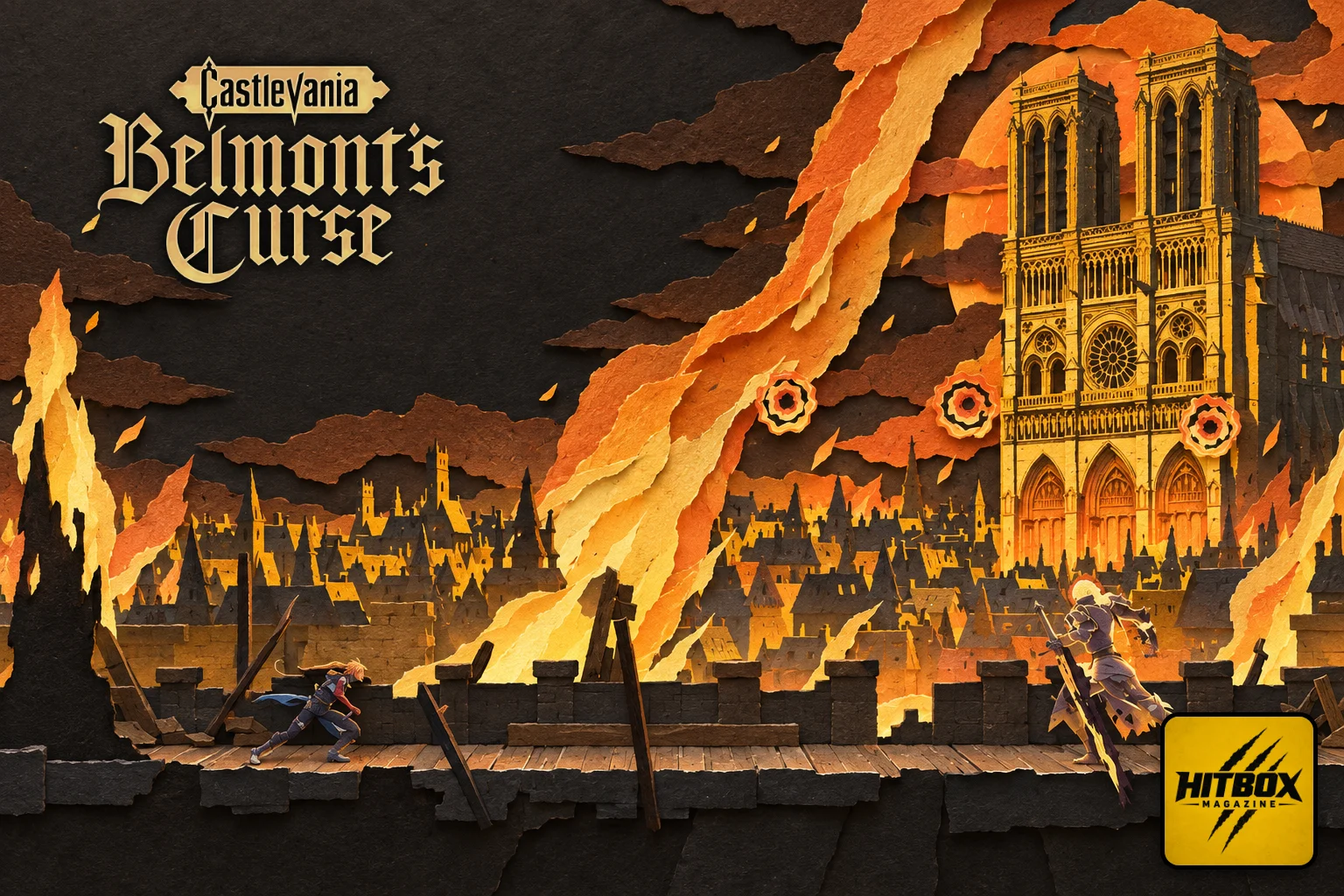 Castlevania: Belmont's Curse en papier découpé, Paris en flammes et un chasseur au fouet