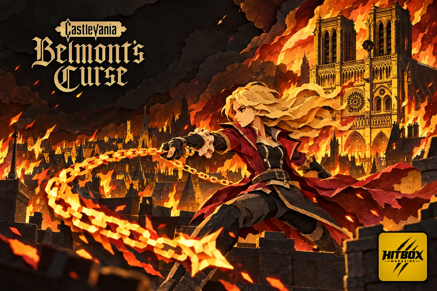 Rose Belmont swings a blazing chain before a burning Notre-Dame in Castlevania: Belmont's Curse