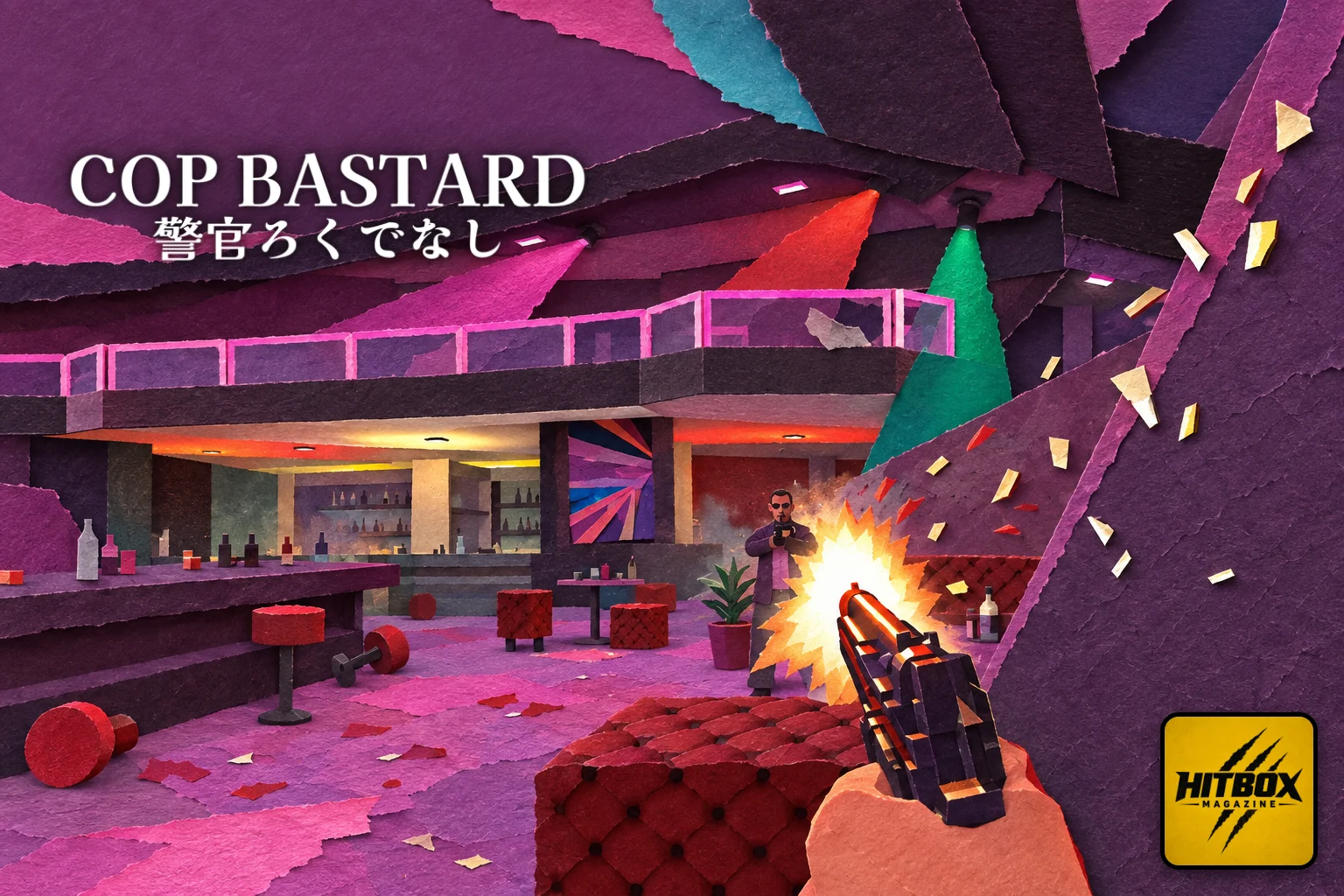 Cop Bastard paper-cut art, a handgun firing in an Osaka nightclub