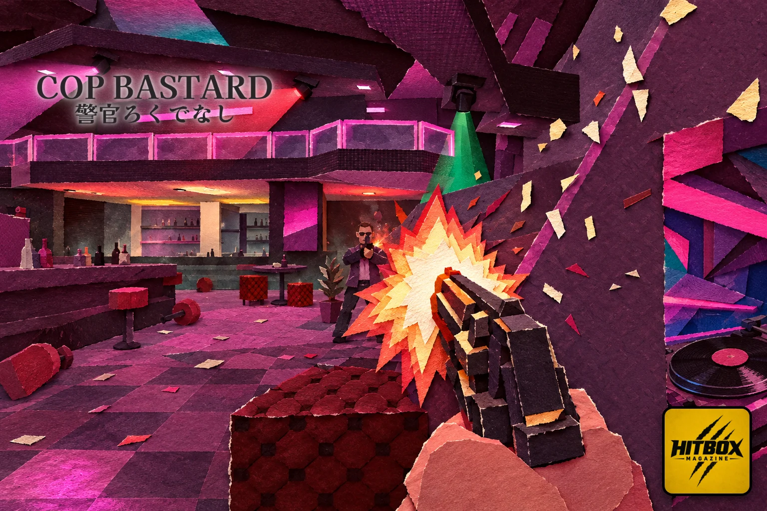 A revolver spits fire across the neon nightclub of Cop Bastard