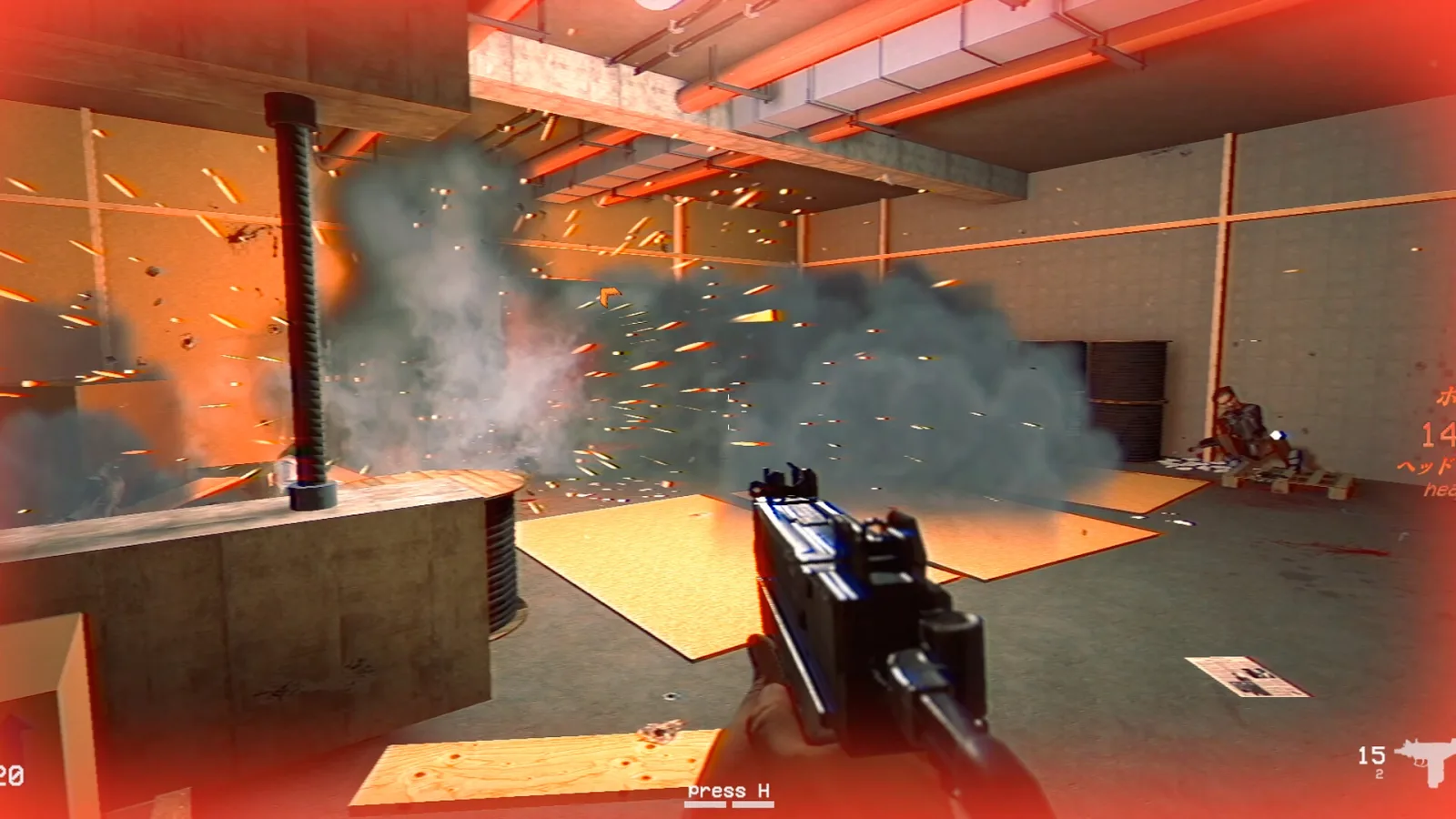 In Cop Bastard, an Uzi burst sends debris flying through a smoky warehouse