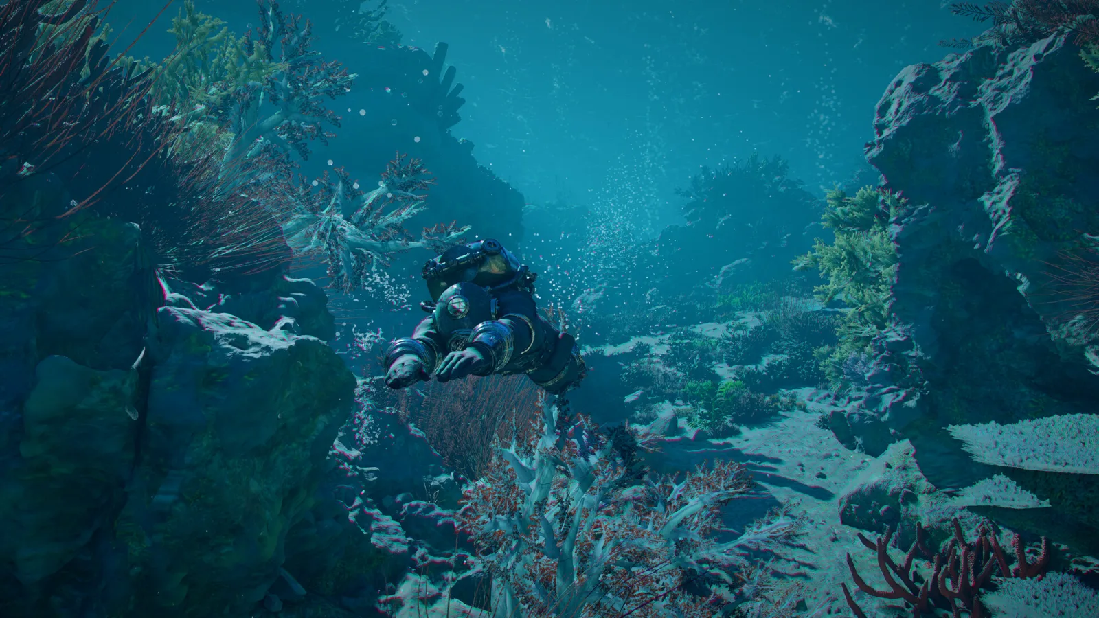 A diver in a copper helmet suit swims between the corals of Charting the Unknown