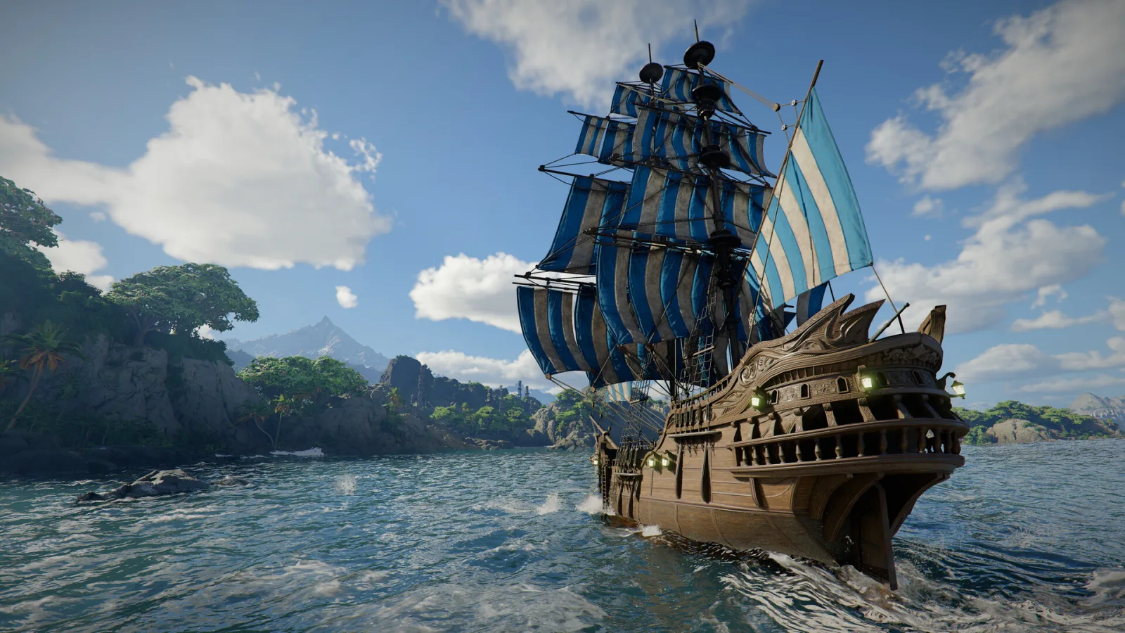 In Crimson Desert, a galleon with blue and white striped sails passes a wooded island