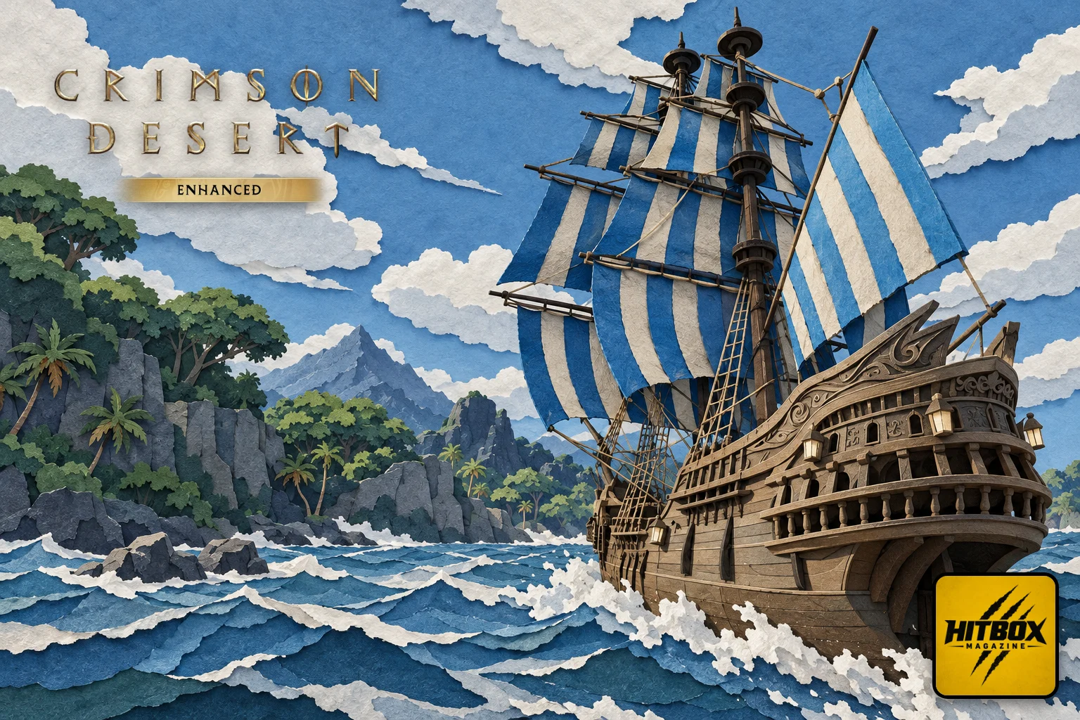 A tall sailing ship from Charting the Unknown heads past a mountainous coastline