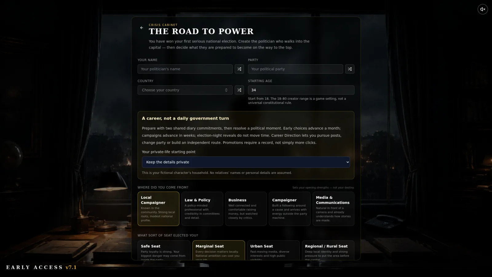 The politician creation screen in Crisis Cabinet, asking for a name, party, country and age
