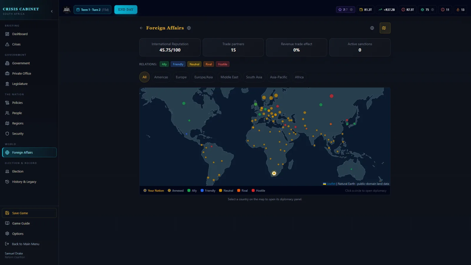 A world map dotted with allied, neutral and rival nations in Crisis Cabinet