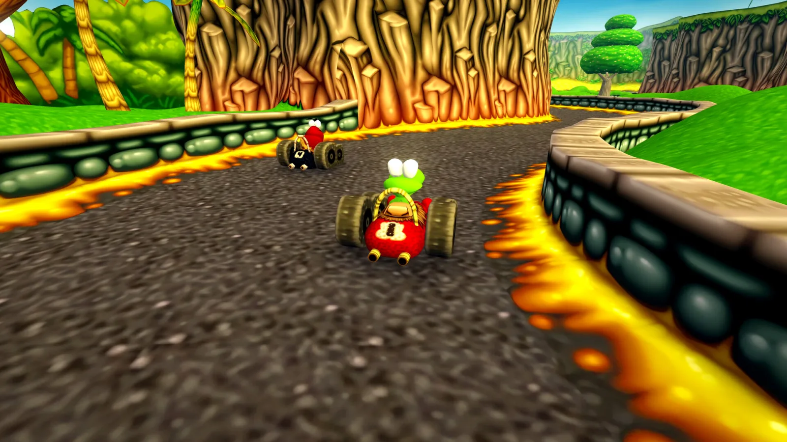 Croc drives a small red car along a lava-lined track in Croc 2