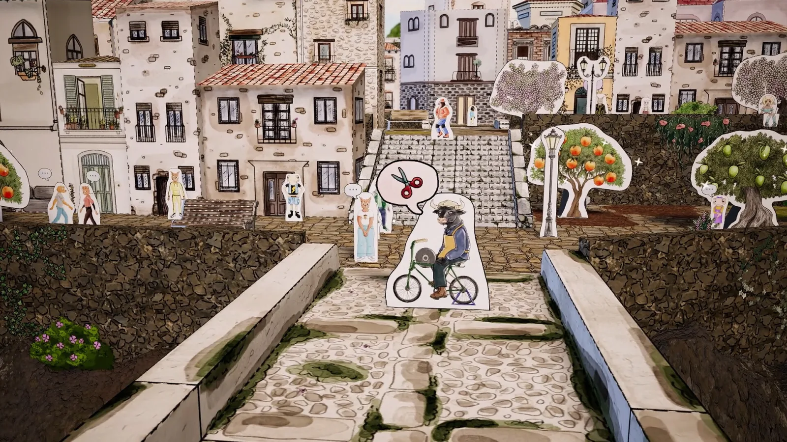 A bull-headed knife grinder waits on a cobbled street in Cutout Village