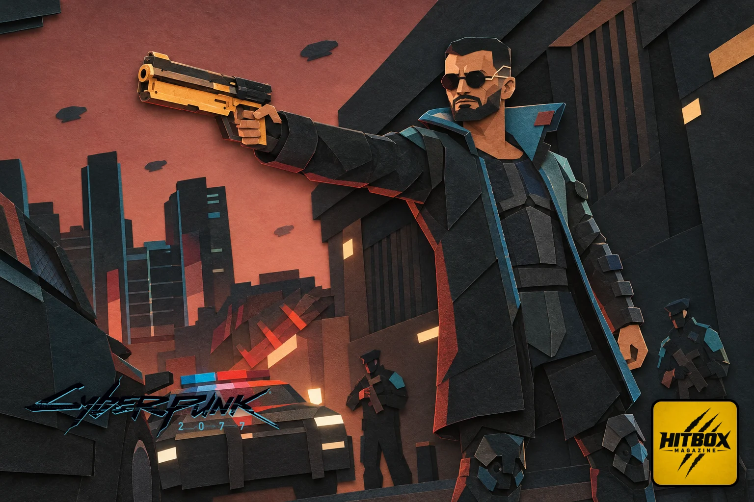 V braque un pistolet doré dans une rue nocturne de Cyberpunk 2077